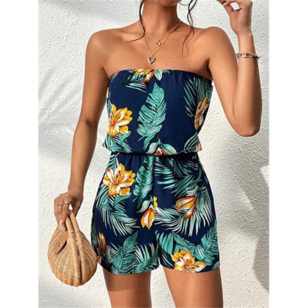 Tropical Print Strapless Elastic Waist Romper